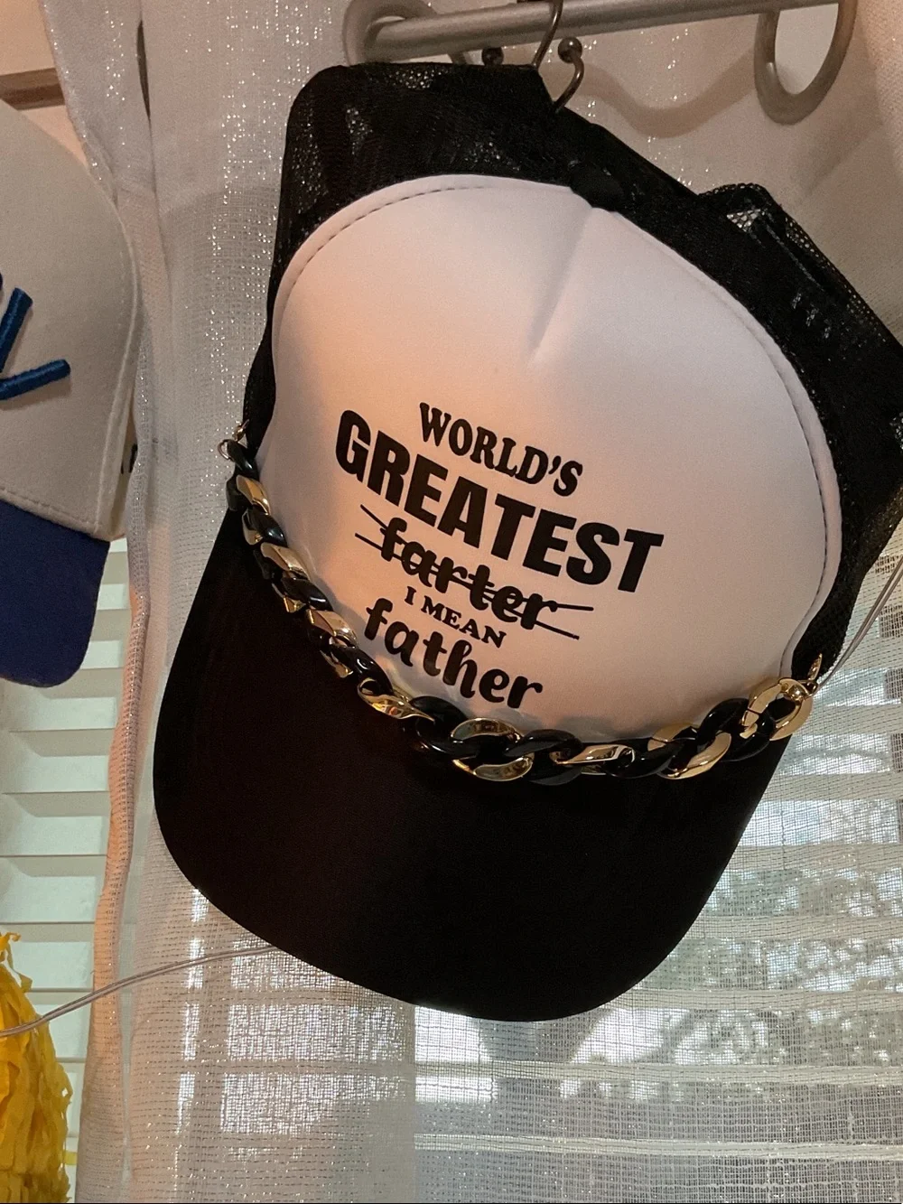 World's Greatest Father Trucker Hat - Black/White with Gold Chain